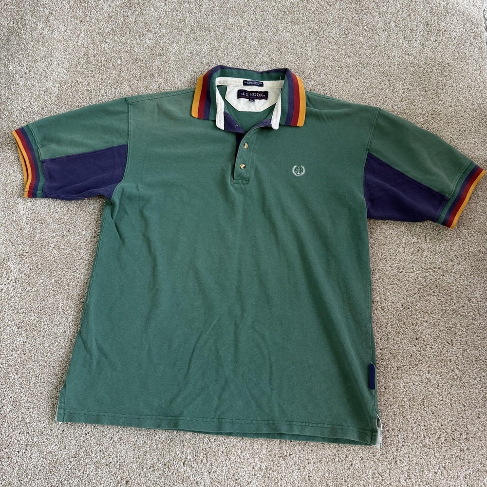JG Hook Polo Shirt Mens XL Green Colorblock Nautical Short Sleeve Cotton
